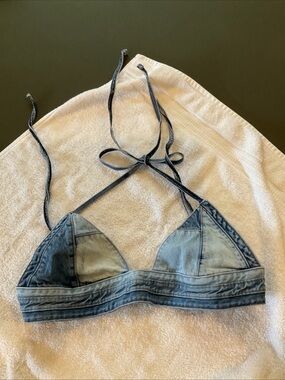 Denim Triangle Tie-Back Crop Top - Light Blue